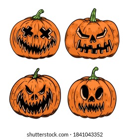 Set of Illustrations of scary halloween pumpkin. Design element for poster,card, banner, sign, emblem. Vector illustration