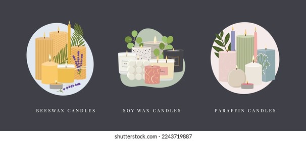 Set of illustrations of scented burning candles. Beeswax, paraffin, soy wax candles in jar and pillar with greenery and abstract shape. Home decorative candles. Hand draw vector illustration