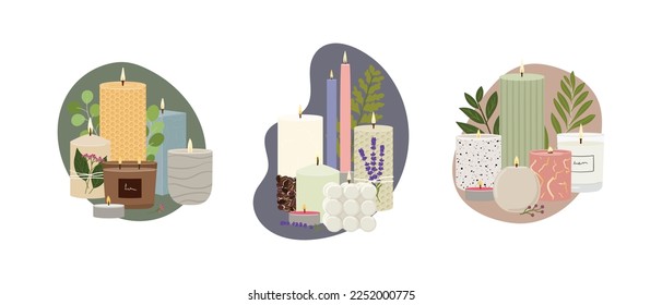 Set of illustrations of scented burning candles. Beeswax, paraffin, soy, coconut wax candles in jar and pillar with greenery and abstract shape. Home decorative candles. Hand draw vector illustration