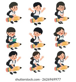 Set of Illustrations of School Kids Riding Giant Pencils cartoon