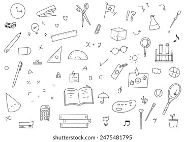 Set of illustrations of school life, study, stationery, hand-drawn line drawings