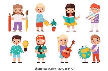 A set of illustrations with schoolchildren, where boys and girls stand with different school subjects.