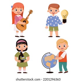 A set of illustrations with schoolchildren, where boys and girls stand with different school subjects.