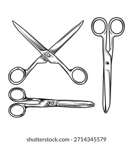 Illustrationen einer Schere. Scheren-Abbildung auf weißem Hintergrund. Gestaltungselemente für Logo, Emblem, Schild. Vektorgrafik
