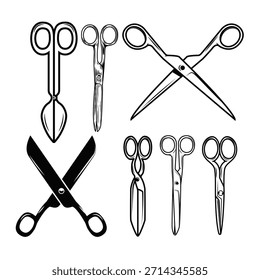 Illustrationen einer Schere. Scheren-Abbildung auf weißem Hintergrund. Gestaltungselemente für Logo, Emblem, Schild. Vektorgrafik