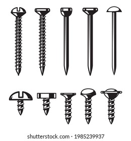 Set of illustrations of screws and nails. Design element for logo, label, sign, emblem, banner. Vector illustration