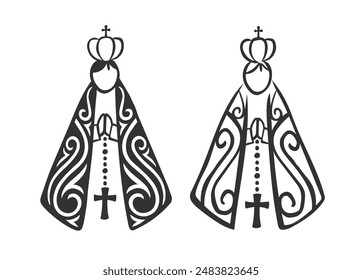 Set of illustrations in the scribble style of Our Lady of Aparecida, patron saint of Brazil. Vector illustration