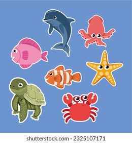 a set of illustrations of sea animals, clown fish, crabs, dolphins etc