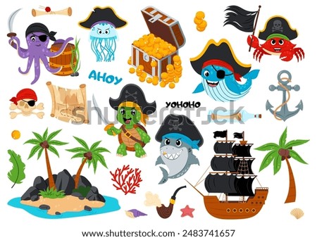 Set of illustrations of sea animals in pirate costumes. Sea animals with different pirate items. Cute sea creatures on a white background.
