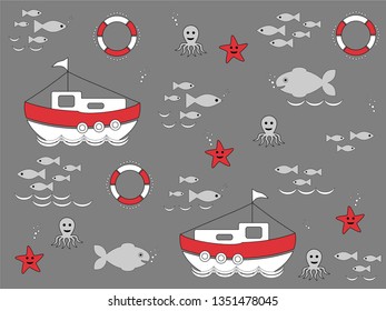 Set of illustrations of sea life icons, seamless wallpaper