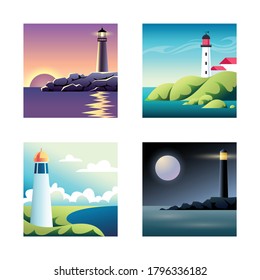 Set of illustrations with sea and lighthouses