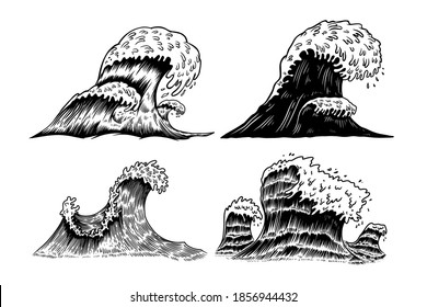 Set Illustrations Sea Waves Engraving Style Stock Vector (Royalty Free ...