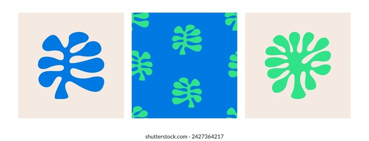 Set of illustrations and seamless pattern with abstract organic shapes in boho style. Retro seamless background with abstract corals. Matisse inspired prints