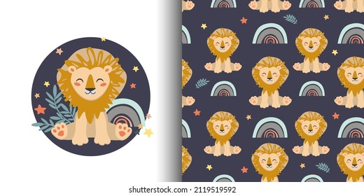 Un conjunto de ilustraciones y patrones sin fisuras con un lindo cachorro de león. Un patrón con leones y un arco iris. joyería y textiles para niños
