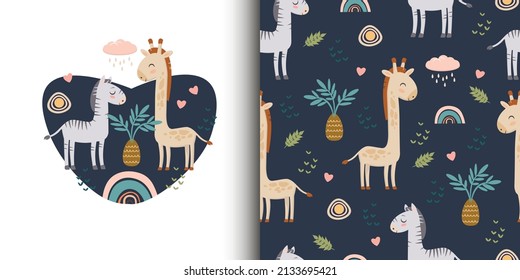 A set of illustrations. Seamless patterns with cute giraffes and zebras.Pattern with animals of Africa. Children's jewelry and textiles. Vector drawing
