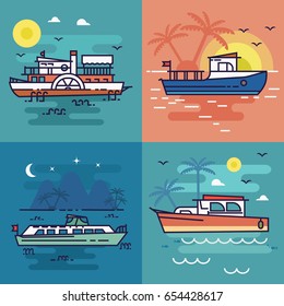 Set of illustrations seascape with boat. Linear style. The concept of a family holiday, tourism, travel.