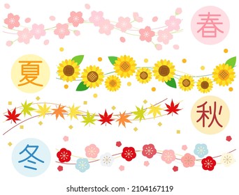 A set of illustrations with seasonal flowers as a line. The written word means spring, summer, autumn and winter.