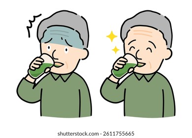 Set of illustrations of senior men with surprised faces at bitter green juice and faces drinking it with relish.