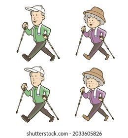 A set of illustrations of senior men and women doing Nordic walking. Vector illustration on white background.