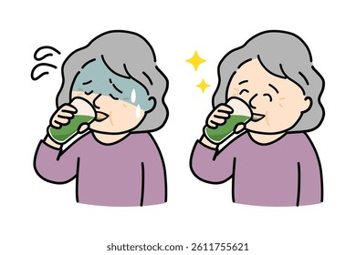 Set of illustrations of senior women with faces that dislike green juice and faces that drink it deliciously.
