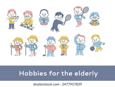 Set of illustrations of seniors enjoying various hobbies