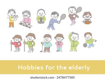 Set of illustrations of seniors enjoying various hobbies