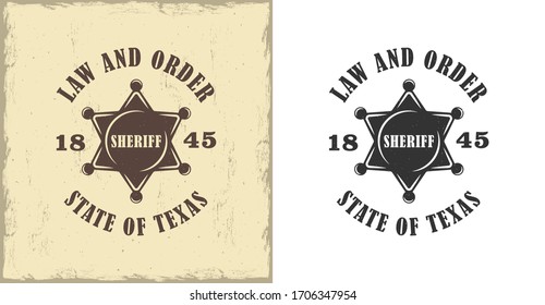 Satz Illustrationen Sheriff-Stern, Text, weißer Hintergrund, Hintergrund mit Grunge-Textur. Vektorillustration Illustration zum Thema des wilden Westens. American Western.