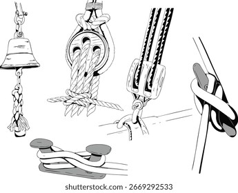Set of illustrations of ship knots and blocks. Black and white illustration. Vector illustration.