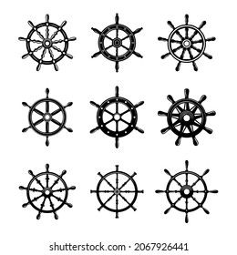 Set of illustrations of ship wheel. Design element for logo, label, sign, emblem, poster. Vector illustration