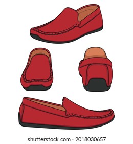 Conjunto de ilustraciones con zapatos, monos rojos. Objetos vectoriales aislados sobre un fondo blanco.