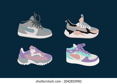 A set of illustrations of shoes for sports. Sneakers, sneakers, shoes, boots for sports, fitness, running. A fashionable collection of shoes for design. Vector illustration