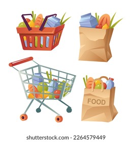 Conjunto de ilustraciones con compras, cestas con productos, bolsas con comida fresca.