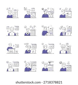 Un conjunto de ilustraciones muestra una variedad de desarrolladores web que trabajan en diferentes proyectos digitales.