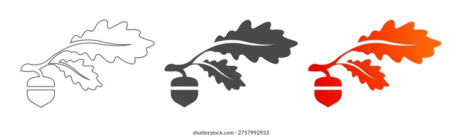 Un conjunto de ilustraciones que muestran una bellota unida a una rama de roble con hojas, presentada en estilos contorno, negro sólido y rojo degradado, perfecto para diseños estacionales o naturales.