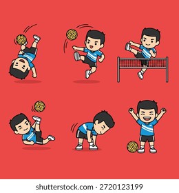 Conjunto de ilustraciones que muestran a un niño jugando Sepak Takraw, un deporte que involucra una pelota de ratán tejida.