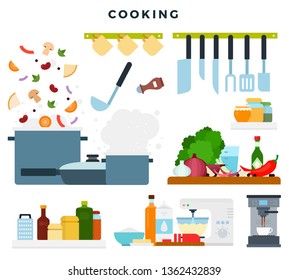 Set of illustrations, showing the cooking process. Pot of boiling soup on the stove, vegetables and cooking utensils, spices, process of kneading the dough, making coffee. Vector illustration.
