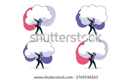 Set of illustrations showing a determined businessman carrying a heavy cloud, symbolizing stress and responsibility.