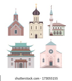 Set Of Illustrations Showing Different Styles Of Architecture For Classical Church Buildings Of Various Religions