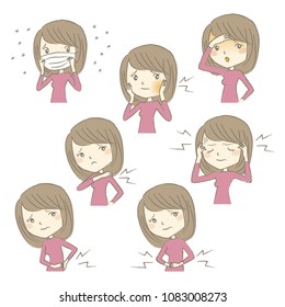 set of illustrations showing different types of sickness symptoms like headache, fever and much more.