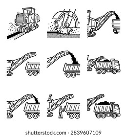 Set of illustrations showing different types of road construction machinery in action during repair and maintenance operations
