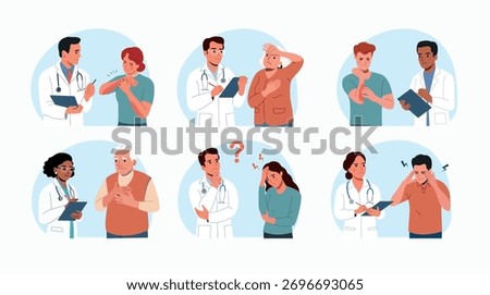 Set of illustrations showing a doctor talking to a patient to make a diagnosis.. Vector flat style cartoon illustration