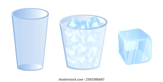 A set of illustrations showing an empty glass, a glass filled with ice cubes, and a single ice cube