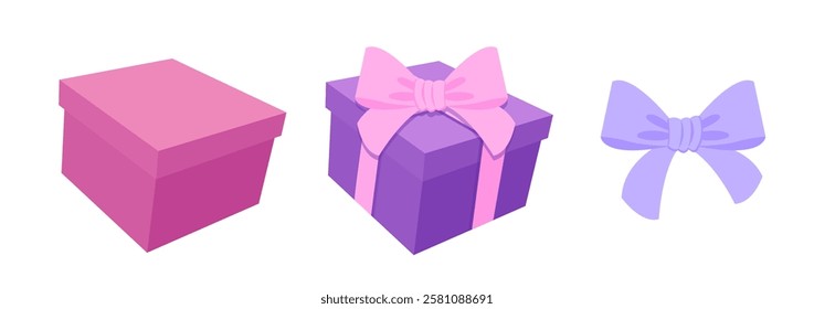 A set of illustrations showing girlish purple pink present gift box and ribbon