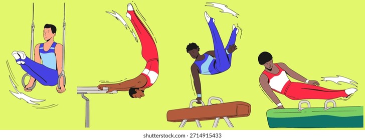 Um conjunto de ilustrações mostrando ginastas realizando exercícios em equipamentos de ginástica. Ilustração vetorial.