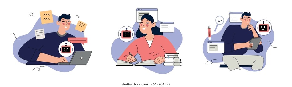 Set of illustrations showing how artificial intelligence helps students with learning, research, and homework. People using AI tools for studying, writing, and organizing educational tasks.