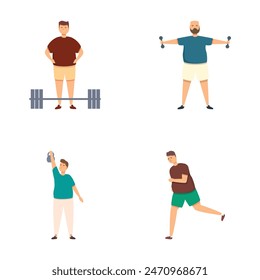 Conjunto de ilustraciones que muestran hombres de varios tipos de cuerpo dedicados a actividades de fitness