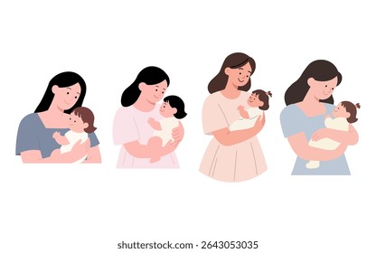 Um conjunto de ilustrações mostrando mães segurando seus bebês com muito carinho.