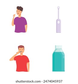 Set of illustrations showing a person brushing teeth and dental hygiene items