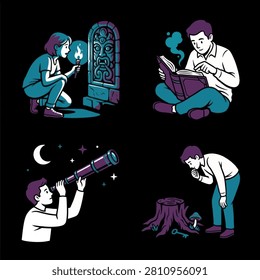 A set of illustrations showing a person observing nature, reading, using a telescope, and exploring the environment with curiosity.
