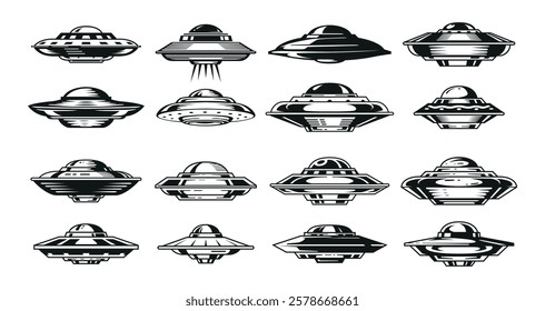 A set of illustrations showing a range of unidentified flying objects, featuring different designs and perspectives. These classic images highlight the creativity in UFO art.